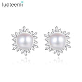 Snowflake CZ Pearl Stud Earrings for Women Wedding Bridal Jewelry