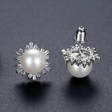 Snowflake CZ Pearl Stud Earrings for Women Wedding Bridal Jewelry