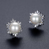 Snowflake CZ Pearl Stud Earrings for Women Wedding Bridal Jewelry