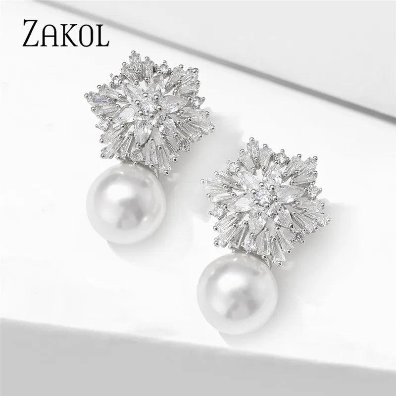 Snowflake Flowers CZ Pearl Drop Earrings for Women EP2917