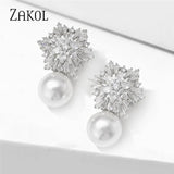 Snowflake Flowers CZ Pearl Drop Earrings for Women EP2917
