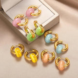 Colorful Opal Round Earrings Stainless Steel Cat Eye Stone Drop Earring