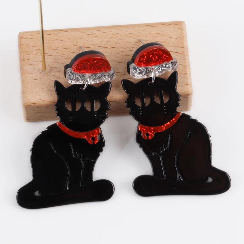 Christmas Hat Cat Acrylic Earrings Xmas Dangle Drop Earring Gift