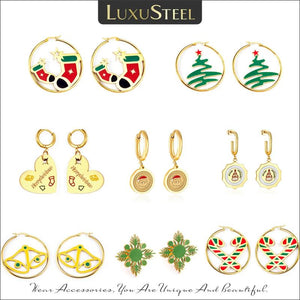 Christmas Tree Hoop Earrings Cartoon Sock Bell Stainless Steel Christmas Jewelry