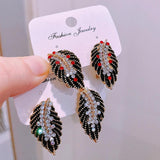 Feather Stud Earrings Rhinestone Top Charm Party Birthday Earrings