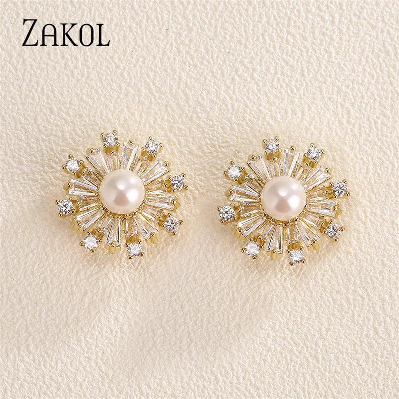 Snowflake CZ & Pearl Stud Earrings for Women Party Birthday