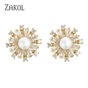 Snowflake CZ & Pearl Stud Earrings for Women Party Birthday