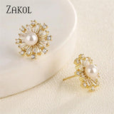 Snowflake CZ & Pearl Stud Earrings for Women Party Birthday