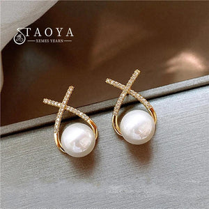 Metal Cross Pearl Pendant Earrings Women's Jewelry