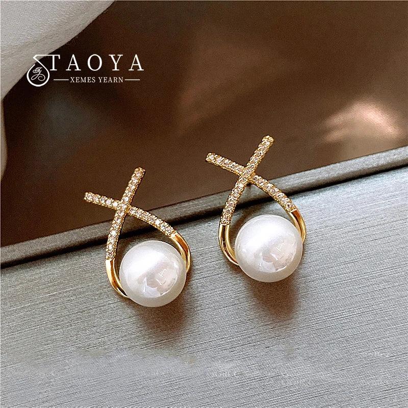Metal Cross Pearl Pendant Earrings Women's Jewelry
