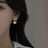 Metal Cross Pearl Pendant Earrings Women's Jewelry