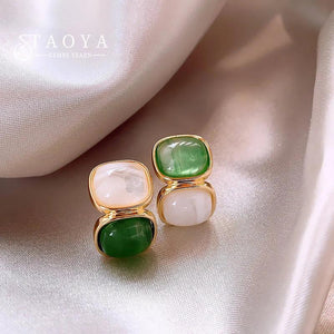French Vintage Green Square Drop Earrings Christmas Party Jewelry