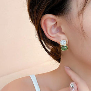 French Vintage Green Square Drop Earrings Christmas Party Jewelry