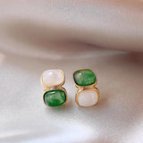 French Vintage Green Square Drop Earrings Christmas Party Jewelry