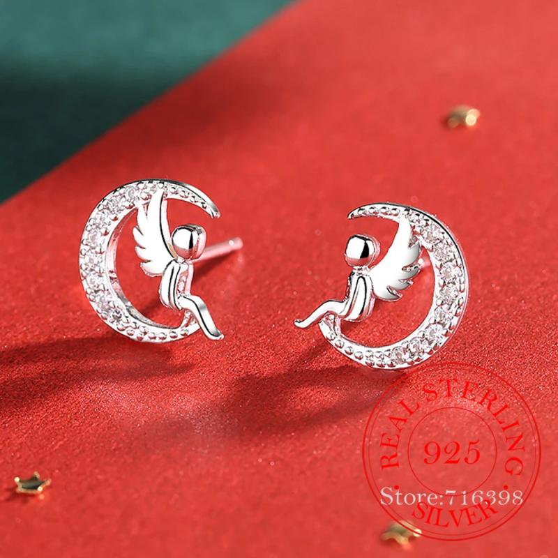 925 Silver Christmas Crystal Angel Moon Stud Earrings, Female Jewelry