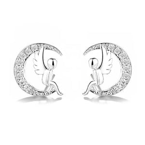 925 Silver Christmas Crystal Angel Moon Stud Earrings, Female Jewelry
