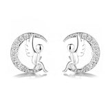 925 Silver Christmas Crystal Angel Moon Stud Earrings, Female Jewelry