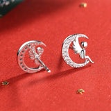 925 Silver Christmas Crystal Angel Moon Stud Earrings, Female Jewelry