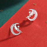 925 Silver Christmas Crystal Angel Moon Stud Earrings, Female Jewelry