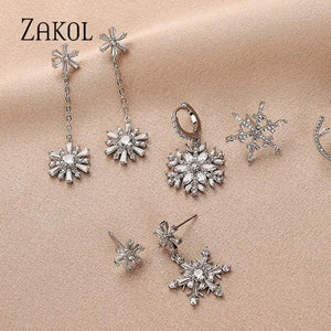 Korea Snowflake Christmas Earrings Shinny Cubic Zirconia Drop Earring