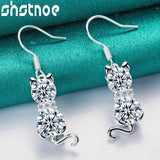 925 Silver Cat Drop Earrings Zircon Women Party Wedding Gift Jewelry