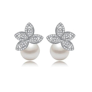 Women Flower Stud Earring with Pearl Bridal Wedding Jewelry