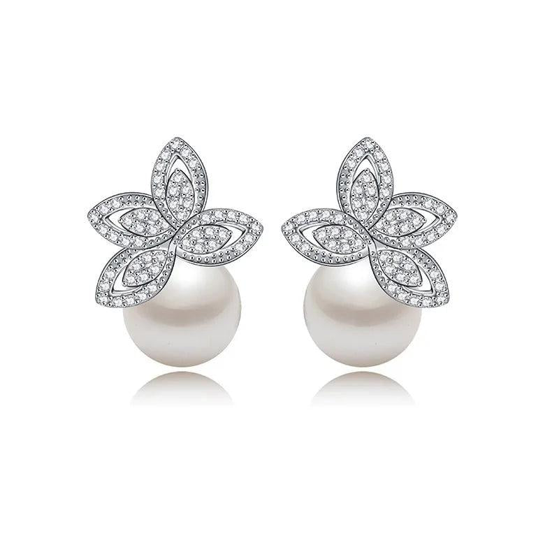 Women Flower Stud Earring with Pearl Bridal Wedding Jewelry