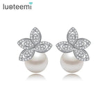 Women Flower Stud Earring with Pearl Bridal Wedding Jewelry