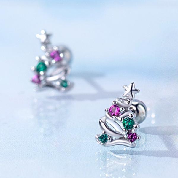 925 Silver Star Christmas Tree Stud Earrings Zircon Inlay Lady Jewelry Gift