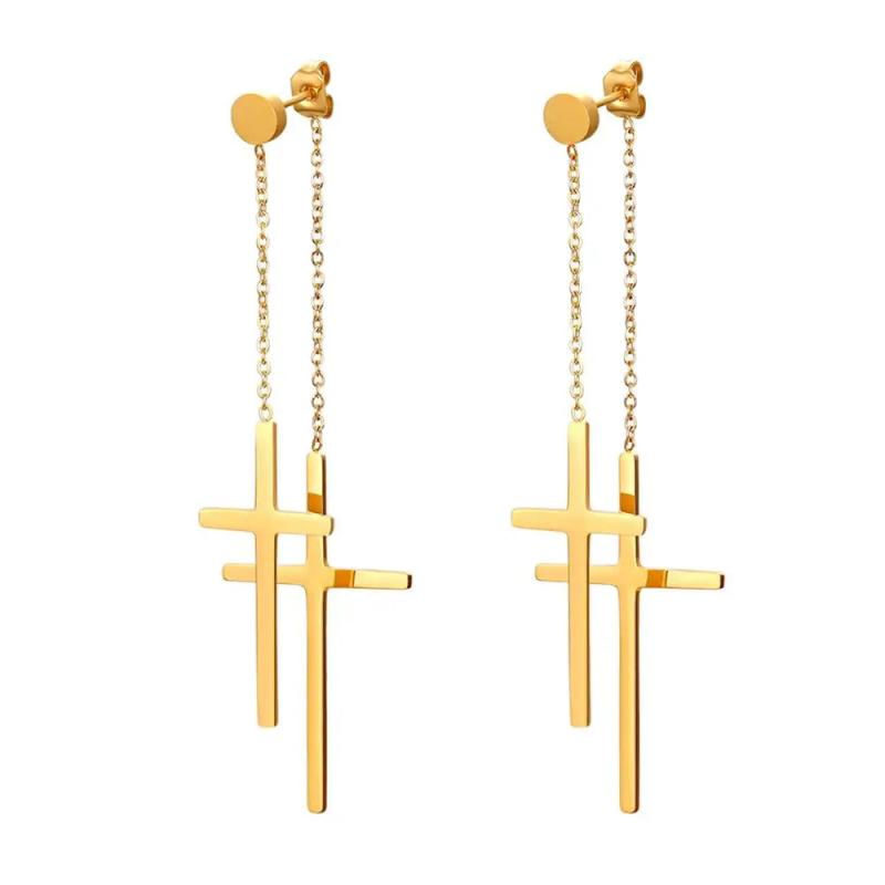 Boniskiss Tassel Double Cross Drop Earrings - Silver Stainless Steel