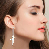 Boniskiss Tassel Double Cross Drop Earrings - Silver Stainless Steel