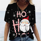 Christmas T Shirt Women Oversized V-Neck Tops Tees Santa Claus Print Snowflake