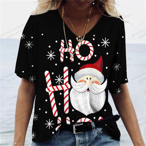 Christmas T Shirt Women Oversized V-Neck Tops Tees Santa Claus Print Snowflake