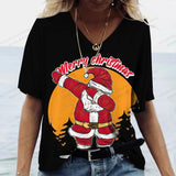 Christmas T Shirt Women Oversized V-Neck Tops Tees Santa Claus Print Snowflake
