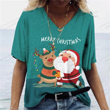 Christmas T Shirt Women Oversized V-Neck Tops Tees Santa Claus Print Snowflake