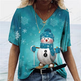 Christmas T Shirt Women Oversized V-Neck Tops Tees Santa Claus Print Snowflake