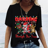 Christmas T Shirt Women Oversized V-Neck Tops Tees Santa Claus Print Snowflake