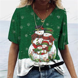 Christmas T Shirt Women Oversized V-Neck Tops Tees Santa Claus Print Snowflake