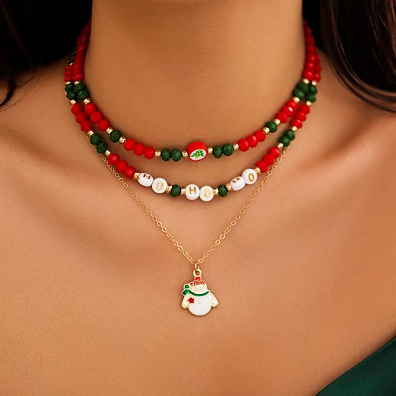 Enamel Santa Claus Pendant Necklace Set Crystal Beaded Choker Christmas