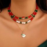 Enamel Santa Claus Pendant Necklace Set Crystal Beaded Choker Christmas