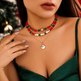 Enamel Santa Claus Pendant Necklace Set Crystal Beaded Choker Christmas