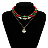 Enamel Santa Claus Pendant Necklace Set Crystal Beaded Choker Christmas