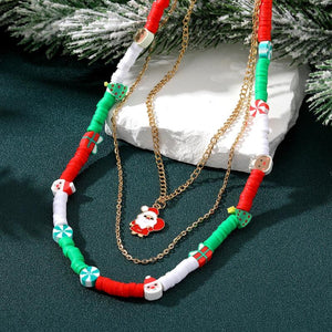 Christmas Multi-Layer Necklace Santa Claus Bells Tree Charm Beads Choker