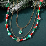 Christmas Multi-Layer Necklace Santa Claus Bells Tree Charm Beads Choker