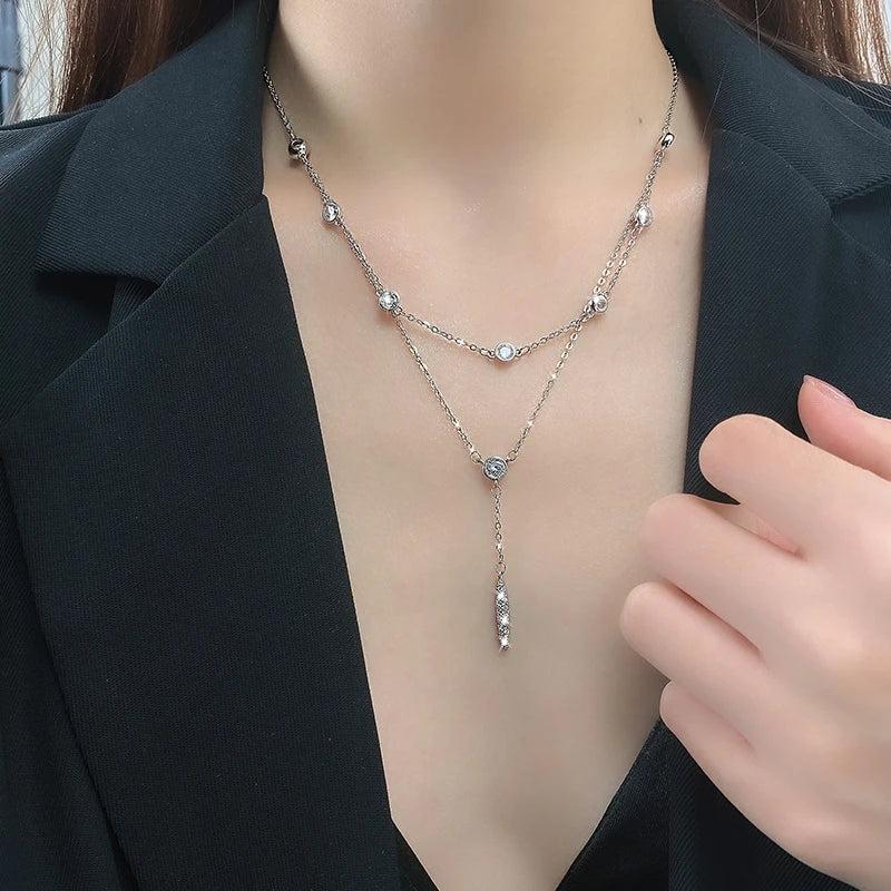 925 Silver Double-layer Zircon Tassel Necklace Women's Collarbone Chain