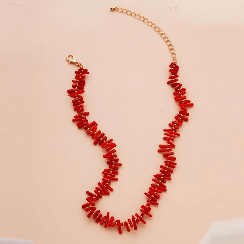 Red Coral Stone Chocker Necklace Plated Acrylic Bohemia Ethnical