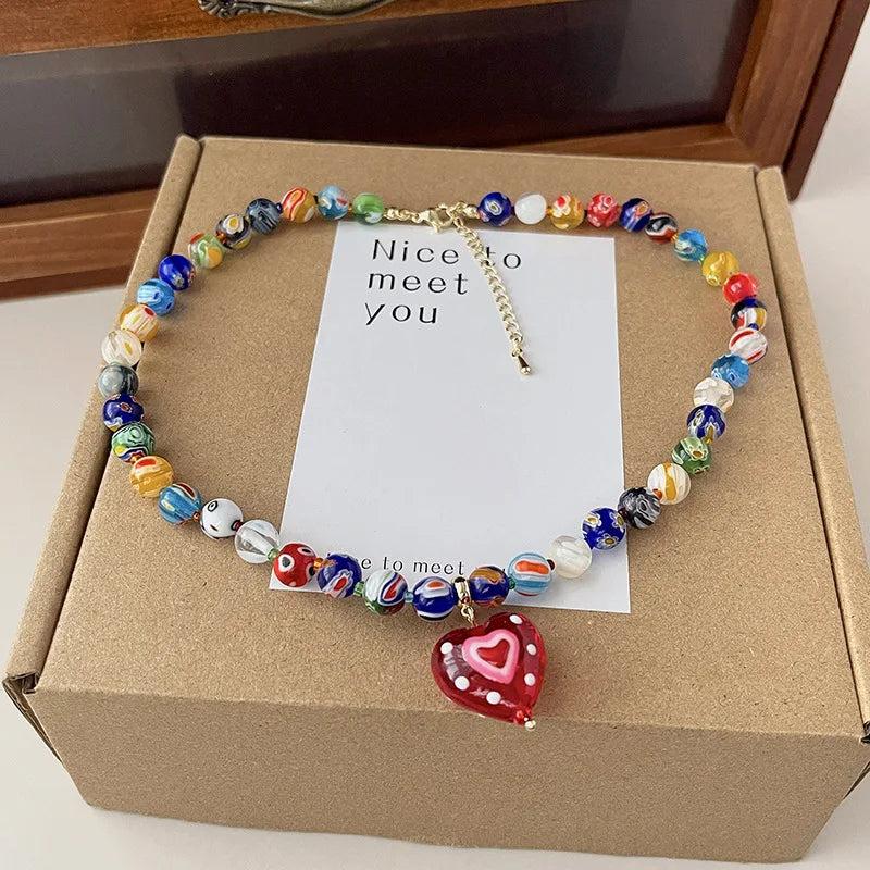 Vintage Red Love Heart Pendant Necklace for Women Boho Beaded Choker Charm