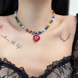 Vintage Red Love Heart Pendant Necklace for Women Boho Beaded Choker Charm