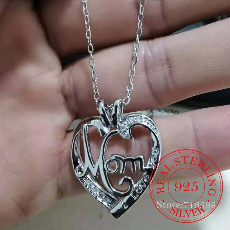S925 Sterling Silver Mom Heart Crystal Necklace Mother's Gift Christmas