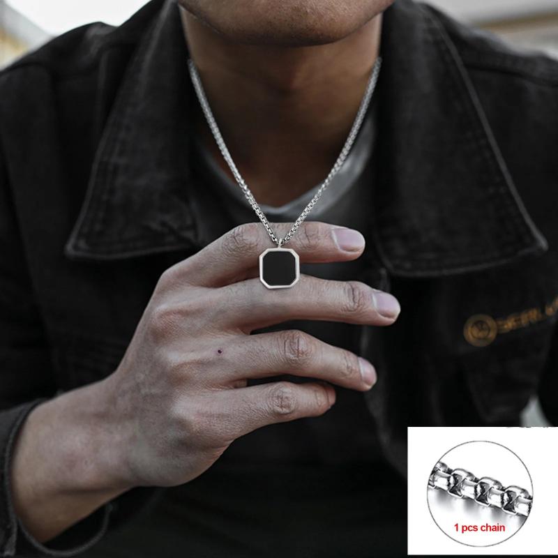 Geometric Necklace Men, Roman Amulet,Black Square Enamel Pendant